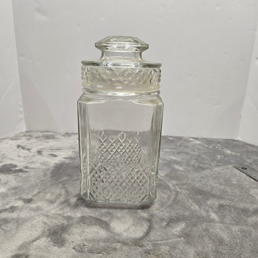 Vintage Koeze's Glass Apothecary Jar Clear Diamond Pattern Canister with Lid 8in
